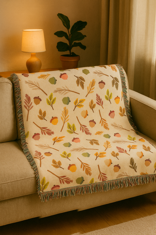 Decorative blanket with autumn leaf pattern on a beige sofa in a cozy living room.