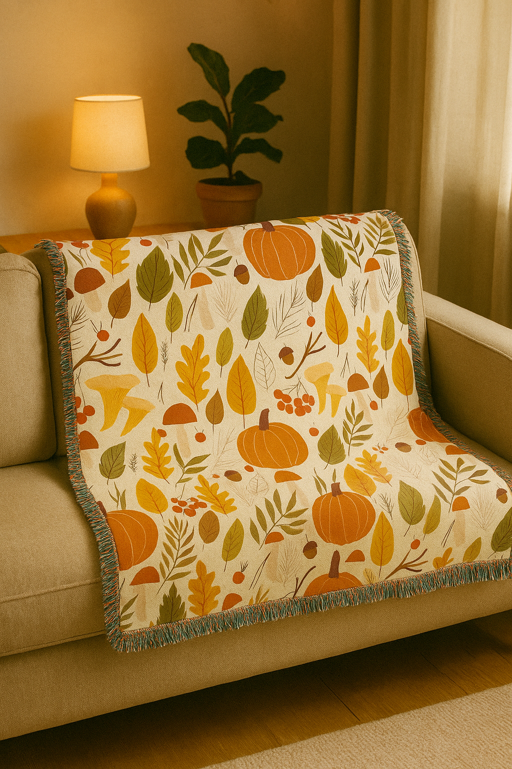 Decorative blanket with autumnal pattern on a couch in a cozy living room.