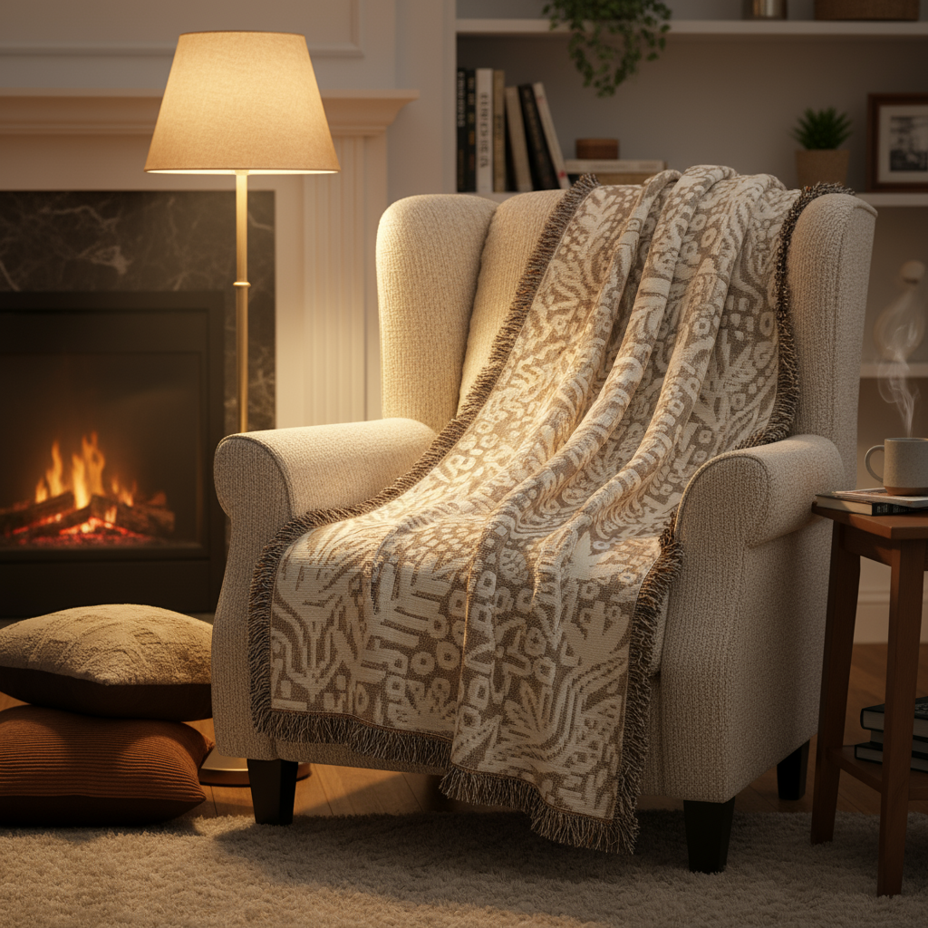 Cozy living room with a fireplace, armchair, and patterned blanket.