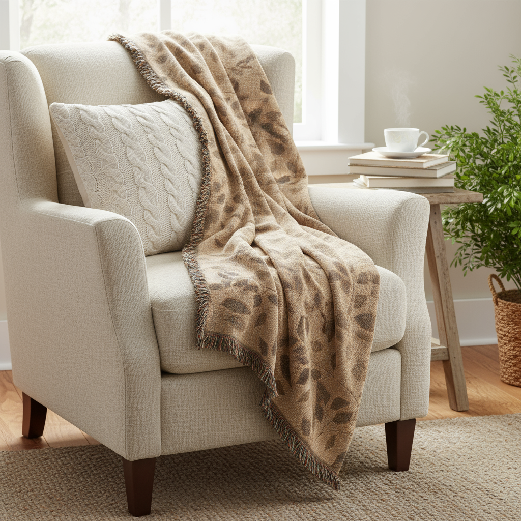 Woven Throw Blanket with Fringe - Leaf Pattern Decorative Tapestry Blanket for Couch, Bed, and Home Decor