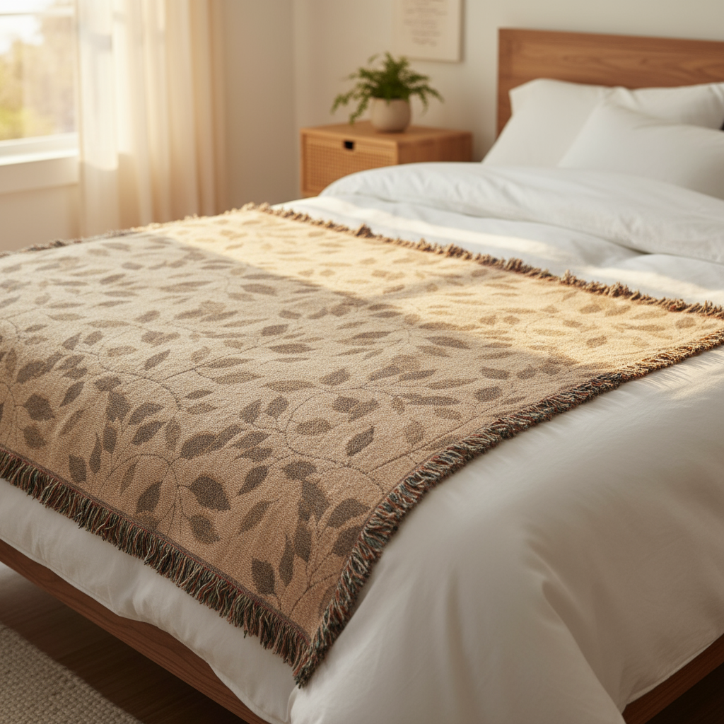 Woven Throw Blanket with Fringe - Leaf Pattern Decorative Tapestry Blanket for Couch, Bed, and Home Decor
