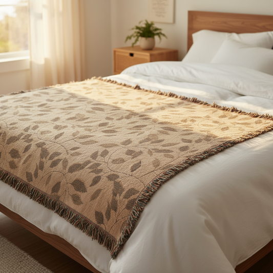Woven Throw Blanket with Fringe - Leaf Pattern Decorative Tapestry Blanket for Couch, Bed, and Home Decor