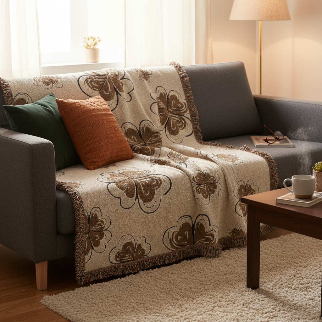 Four Leaf Clover Throw Blanket with Fringe - Beige Woven Tapestry