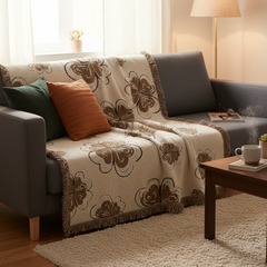 Four Leaf Clover Throw Blanket with Fringe - Beige Woven Tapestry