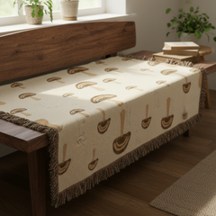 Mushroom Pattern Throw Blanket with Fringe - Cottagecore Woven Tapestry