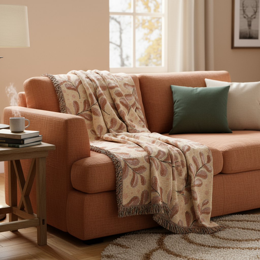 Botanical Leaf Throw Blanket with Fringe - Autumn Woven Tapestry