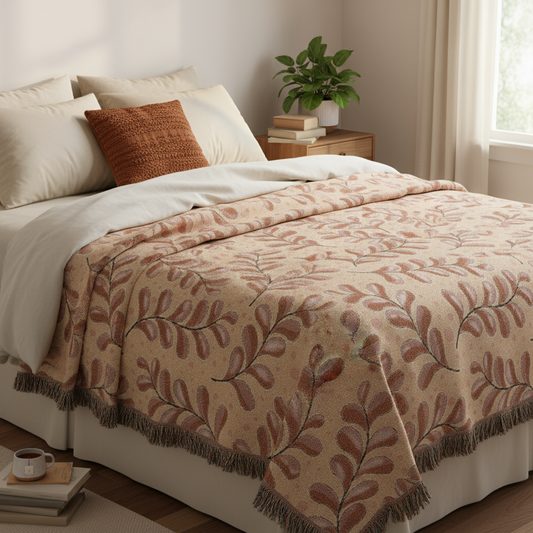 Botanical Leaf Throw Blanket with Fringe - Autumn Woven Tapestry