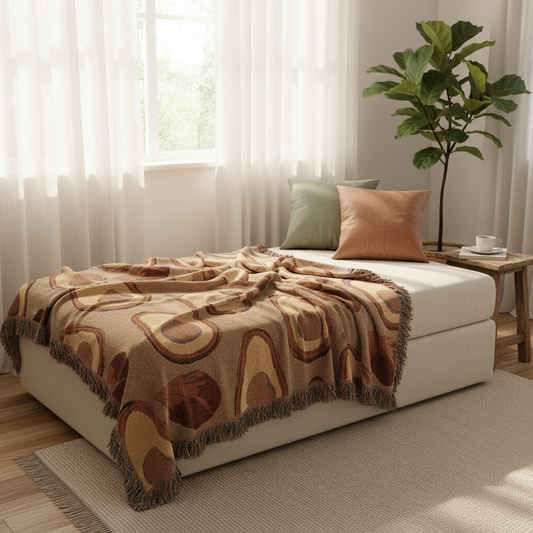 Avocado Pattern Throw Blanket with Fringe - Fun Woven Tapestry