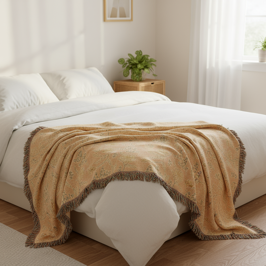 Wildflower Pattern Throw Blanket with Fringe - Cottage Woven Tapestry