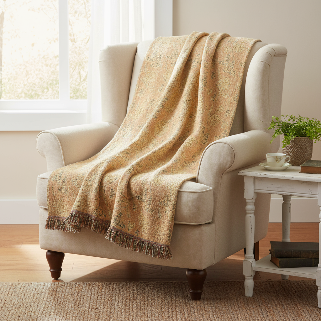 Wildflower Pattern Throw Blanket with Fringe - Cottage Woven Tapestry