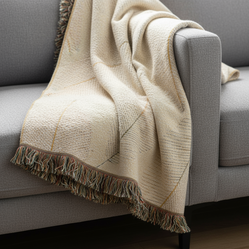 Geometric Woven Cotton Blanket with Fringe - Cream & Gold Linear Design | 52"x37"
