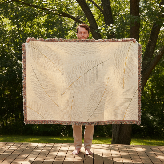 Geometric Woven Cotton Blanket with Fringe - Cream & Gold Linear Design | 52"x37"