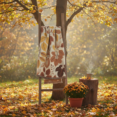 Autumn Leaves Woven Throw Blanket with Fringe - Cream & Brown