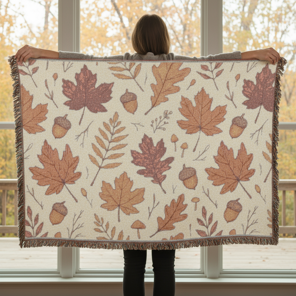 Autumn Leaves Woven Throw Blanket with Fringe