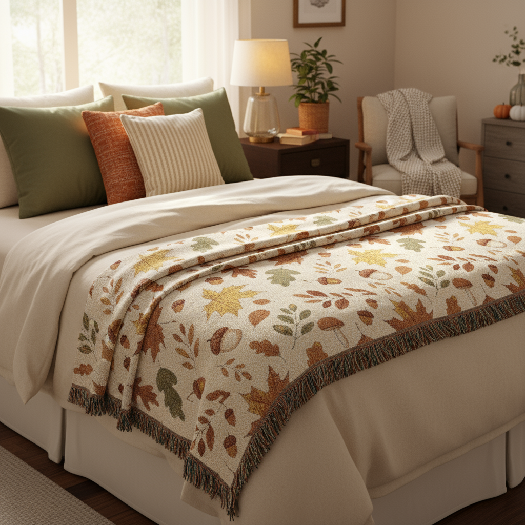 Autumn Leaves Woven Throw Blanket with Fringe