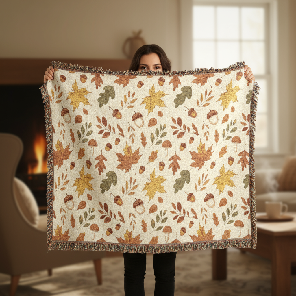 Autumn Leaves Woven Throw Blanket with Fringe