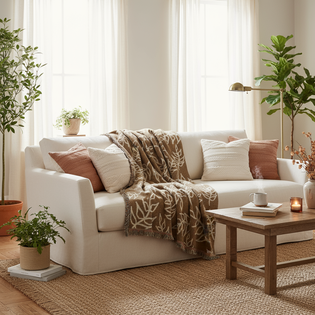 Woven Blanket - Bohemian Leaf Pattern - Nature-Inspired Cozy Throw