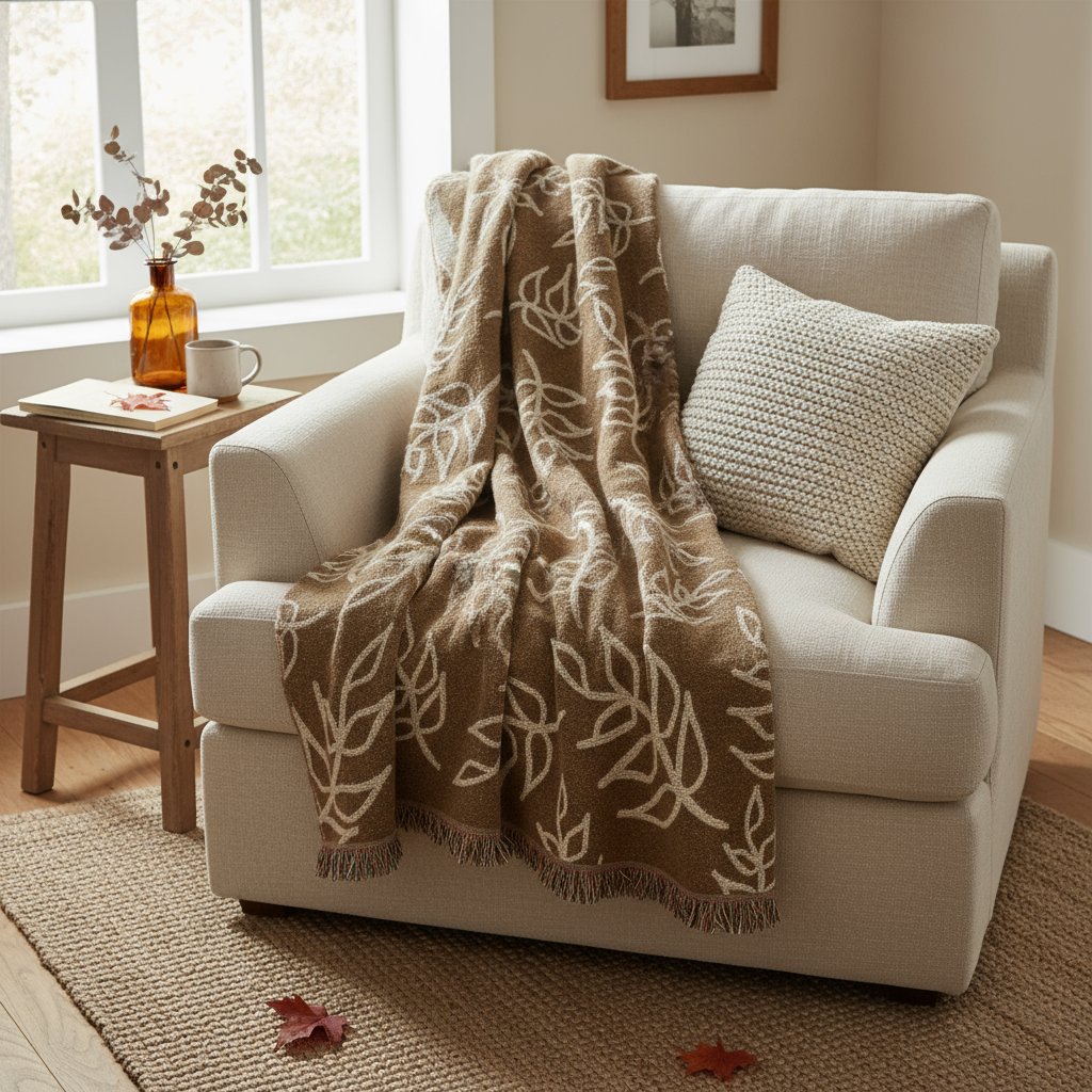 Woven Blanket - Bohemian Leaf Pattern - Nature-Inspired Cozy Throw