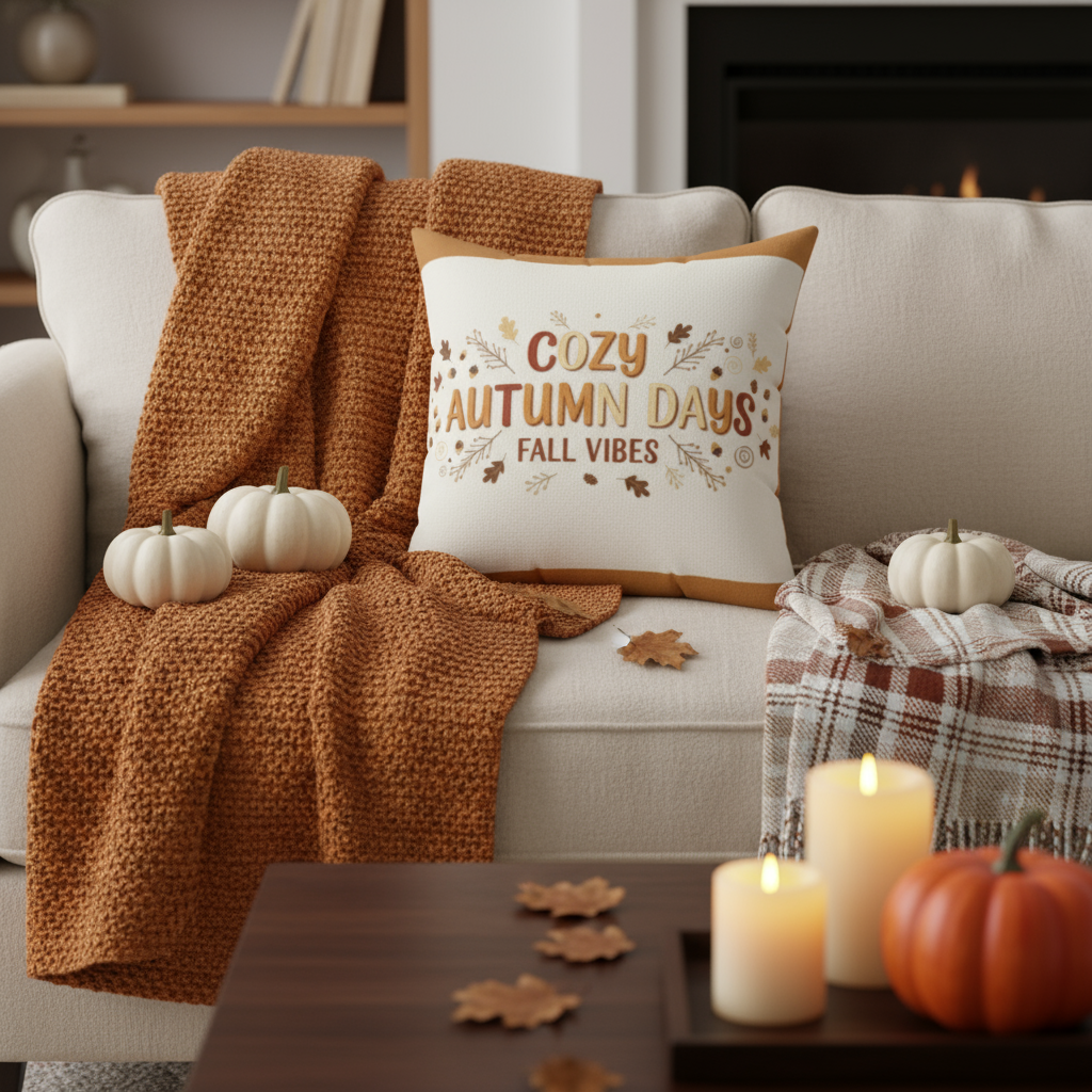 Square Pillow Cozy Autumn Days Decorative Pillow