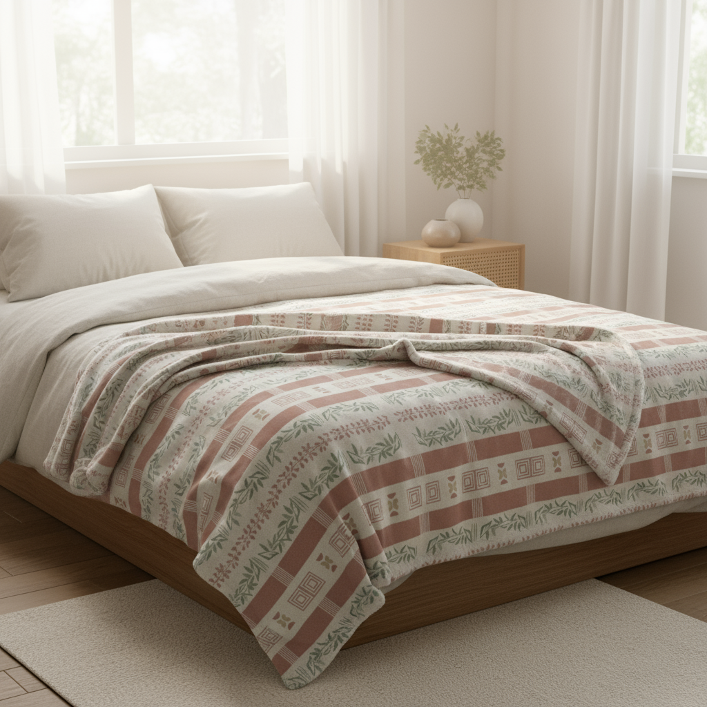Bed with patterned quilt in a bright bedroom