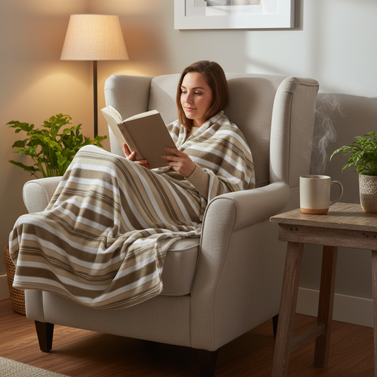Woman reading a book in a cozy living room with a blanket and a cup of coffee.