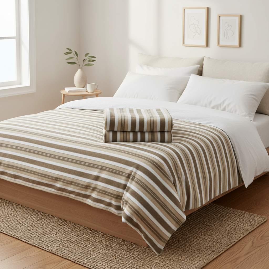 Striped bedspread on a bed in a bright bedroom with light wood flooring and white walls.