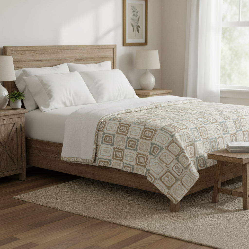 Bedroom with wooden bed frame, white bedding, and patterned throw blanket.