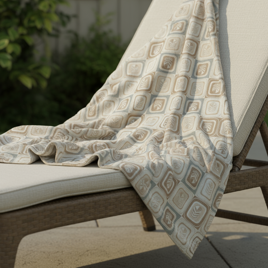 Patterned blanket draped over a chair with a blurred outdoor background