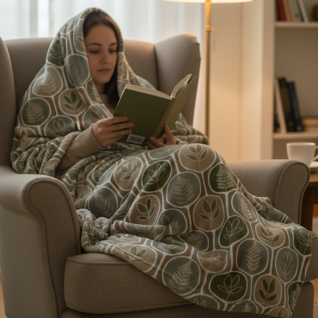 Woman reading a book under a patterned blanket on a couch in a cozy living room.
