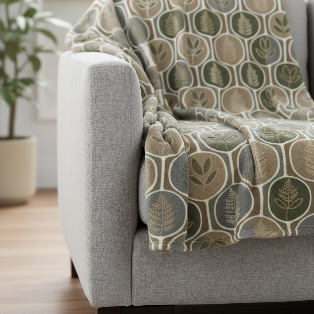Patterned blanket draped over a gray sofa with a plant in the background
