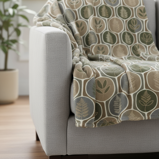 Patterned blanket draped over a gray sofa with a plant in the background