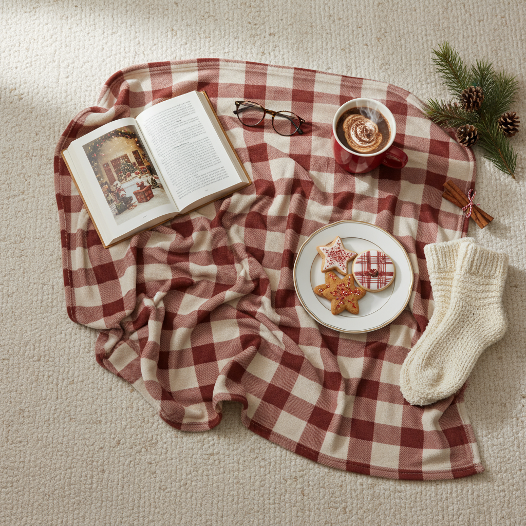 Red and white checkered blanket with a book, cup of coffee, cookies, and socks on a beige surface.