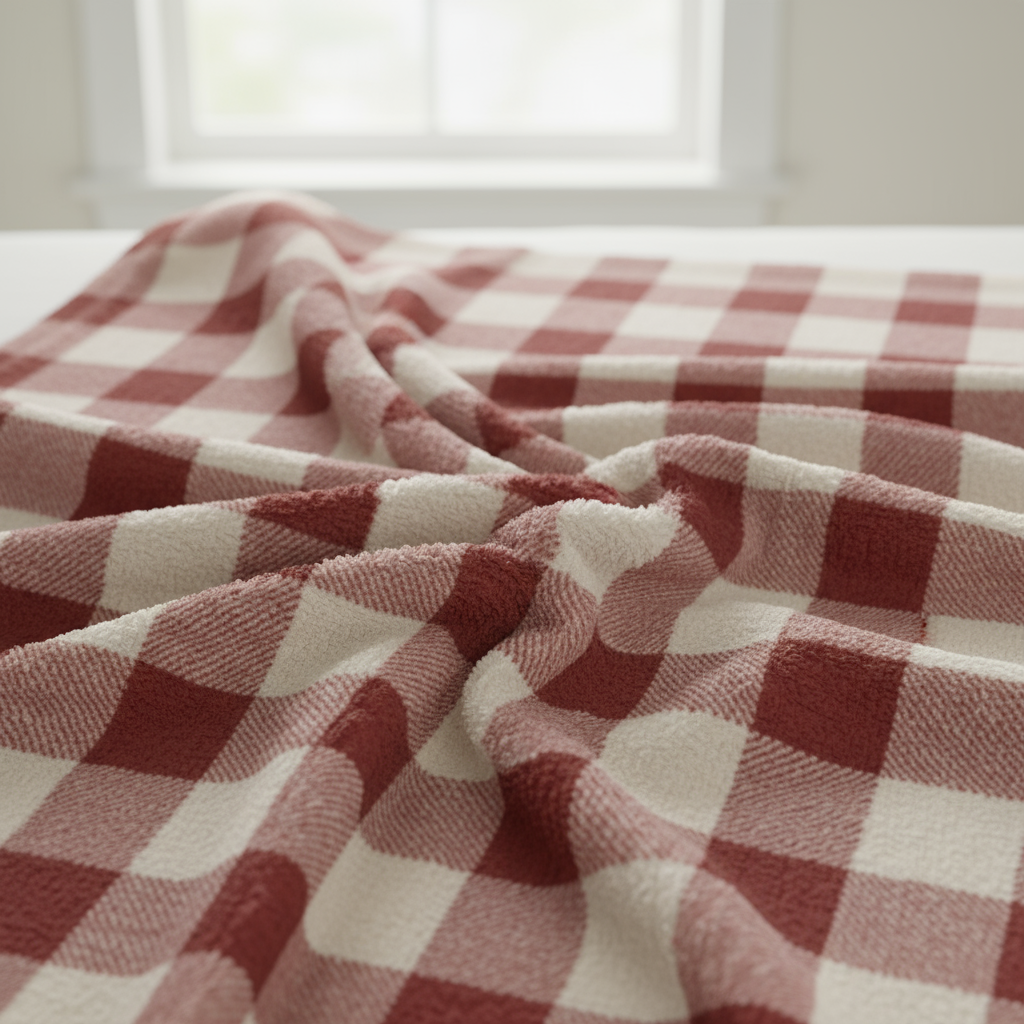 Red and white checkered blanket on a surface with a light background