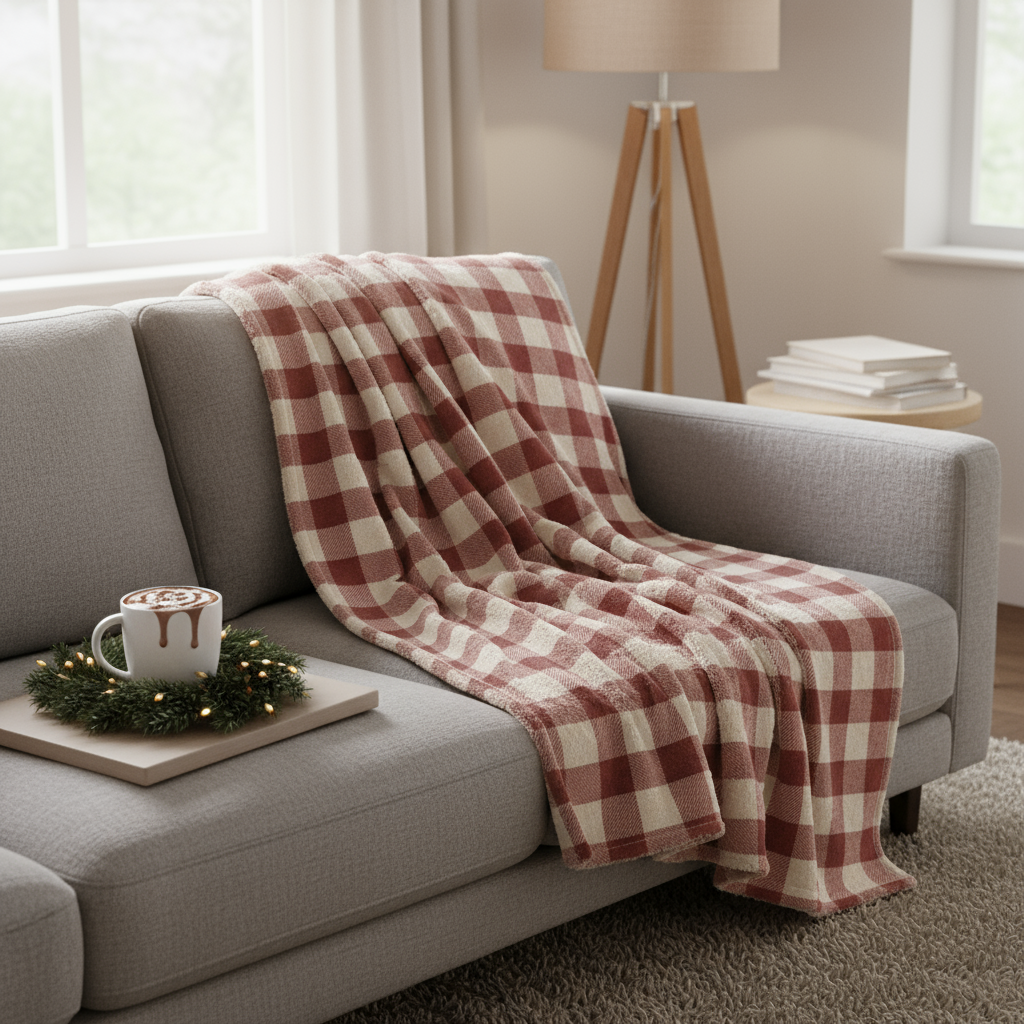 Plaid blanket draped over a gray sofa with a mug and small Christmas tree on a side table.