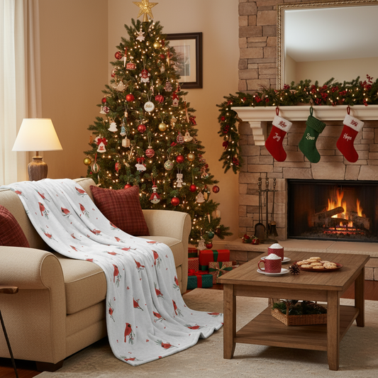 Cardinal blanket draped over furniture - cozy winter holiday throw with bird design