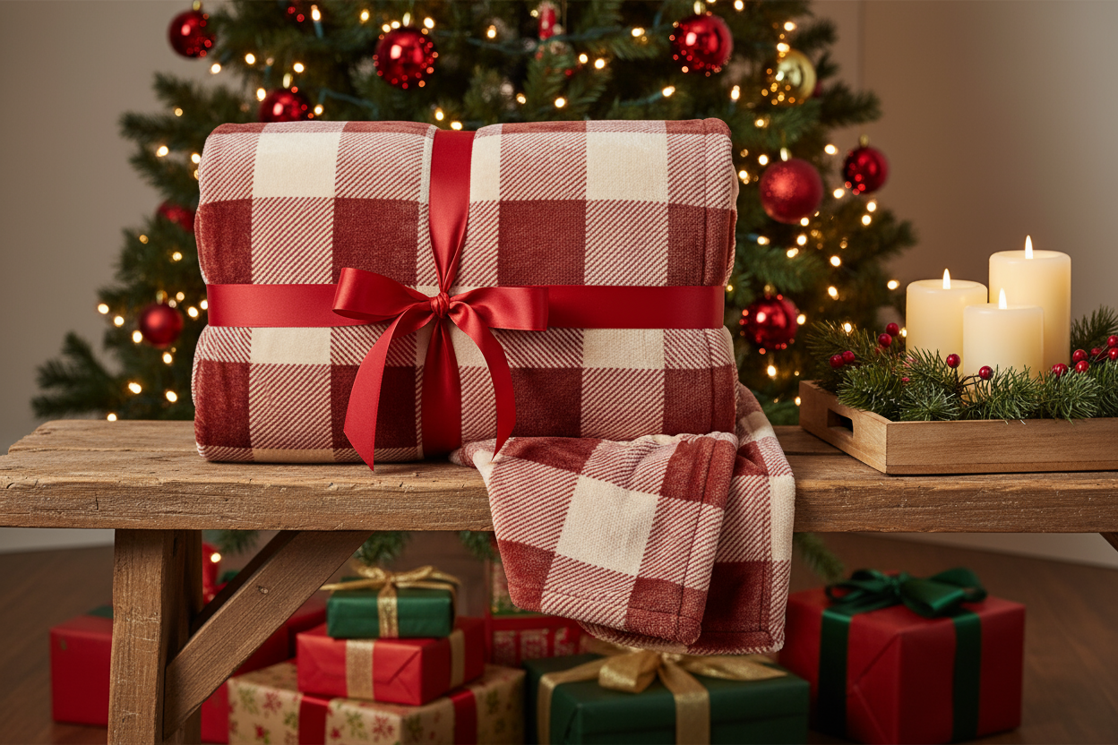 Stack of wrapped presents with a red ribbon on a wooden table in front of a Christmas tree.