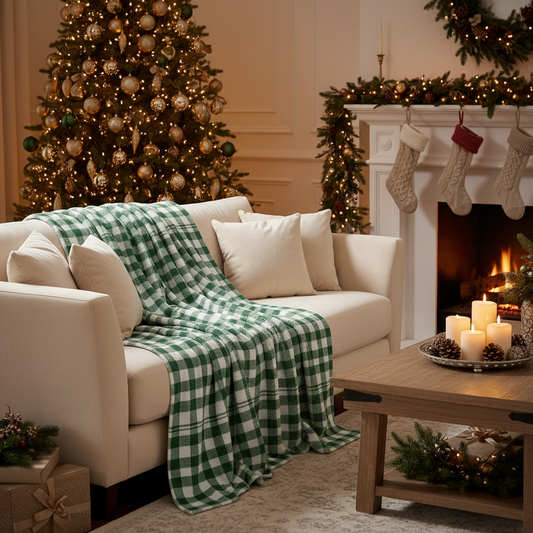 Green checkered blanket draped over chair, cozy plaid throw for rustic living room
