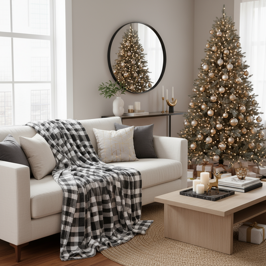 Minky plaid blanket draped over furniture, soft plush throw for cozy living room
