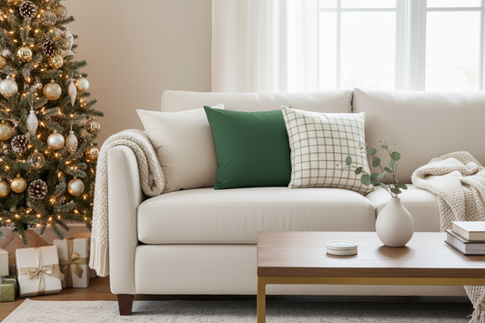 Solid green pillow on furniture, square decorative throw for modern home aesthetic
