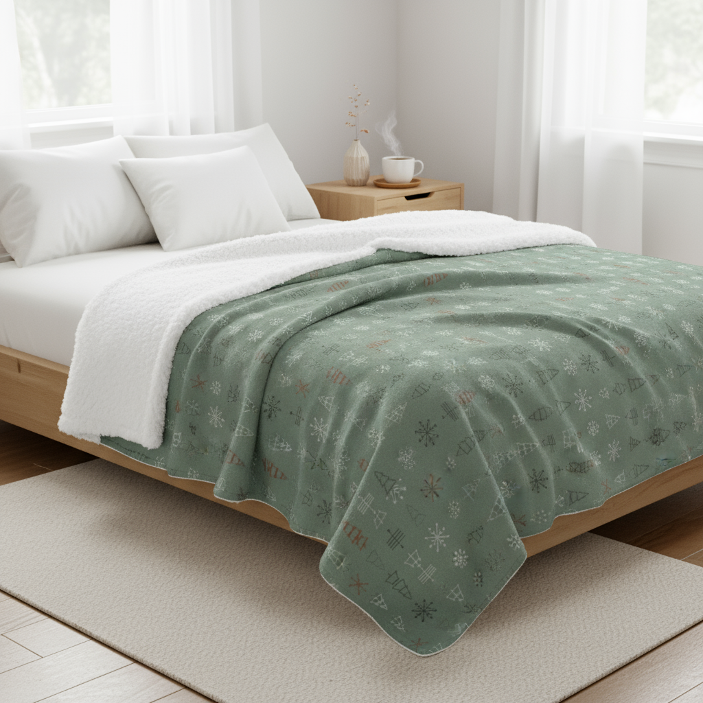 Green patterned blanket on a bed in a bright bedroom