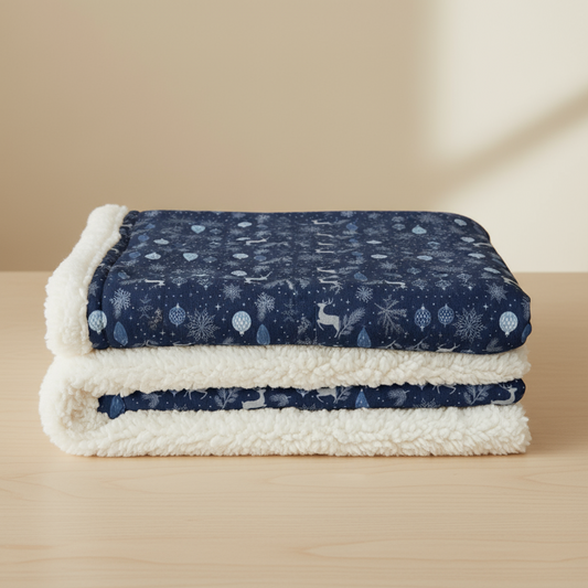 Elegant Navy Christmas Sherpa Fleece Blanket - Winter Reindeer Throw
