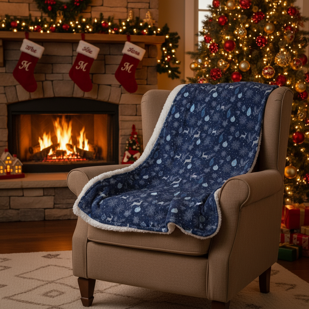 Elegant Navy Christmas Sherpa Fleece Blanket - Winter Reindeer Throw