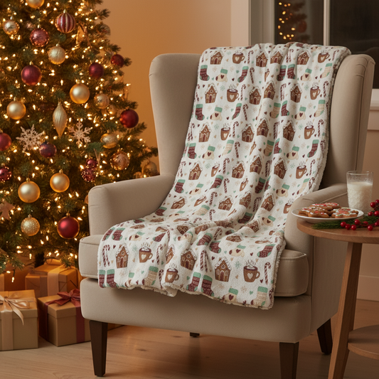 Gingerbread Christmas Sherpa Blanket - Hot Cocoa & Stockings