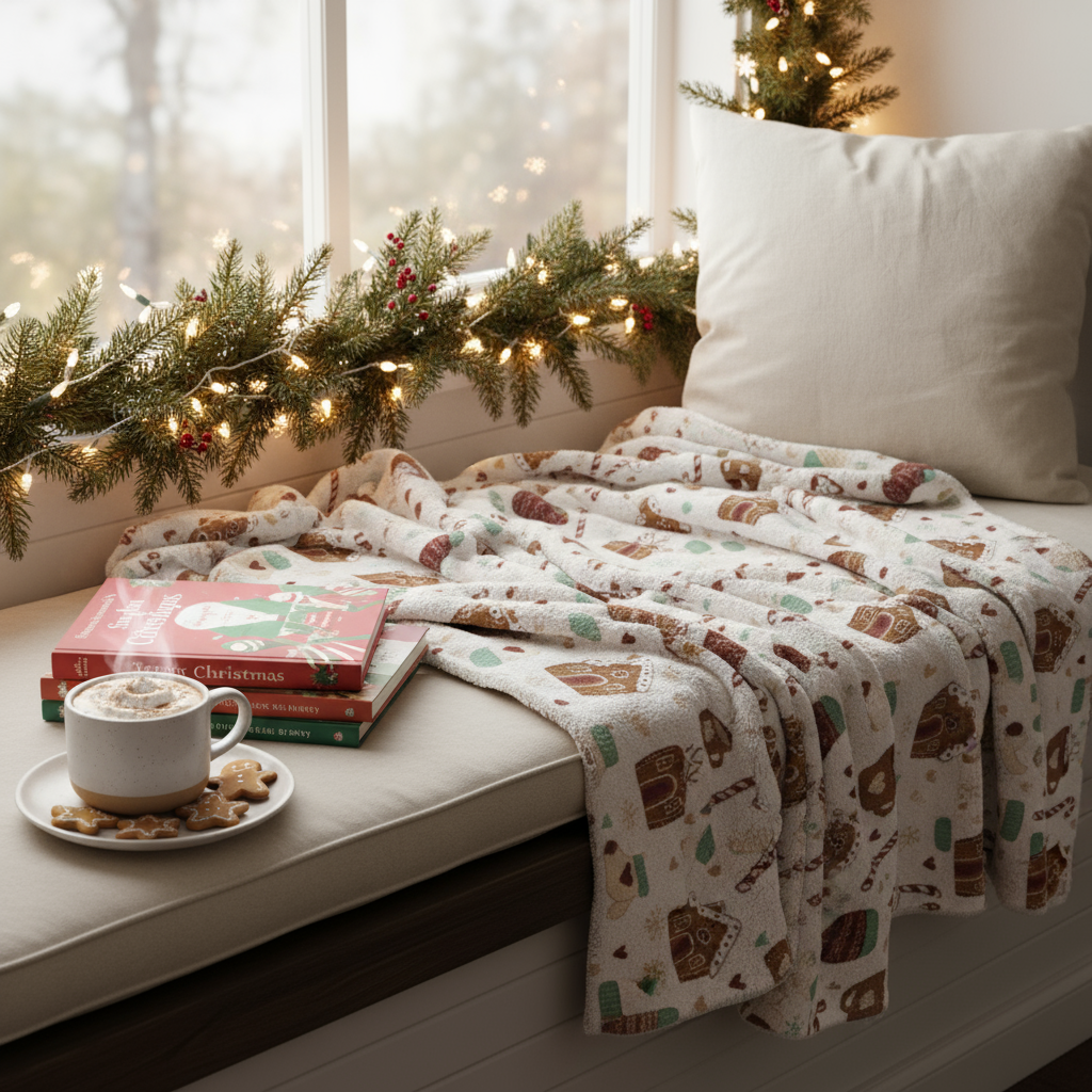 Gingerbread Christmas Sherpa Blanket - Hot Cocoa & Stockings