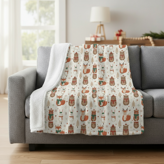 Woodland Animals Christmas Sherpa Blanket - Cozy Winter Throw