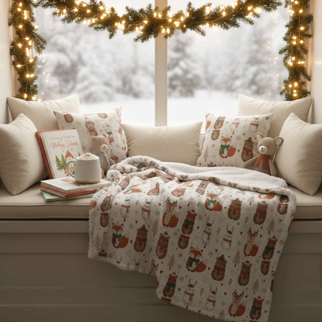 Woodland Animals Christmas Sherpa Blanket - Cozy Winter Throw