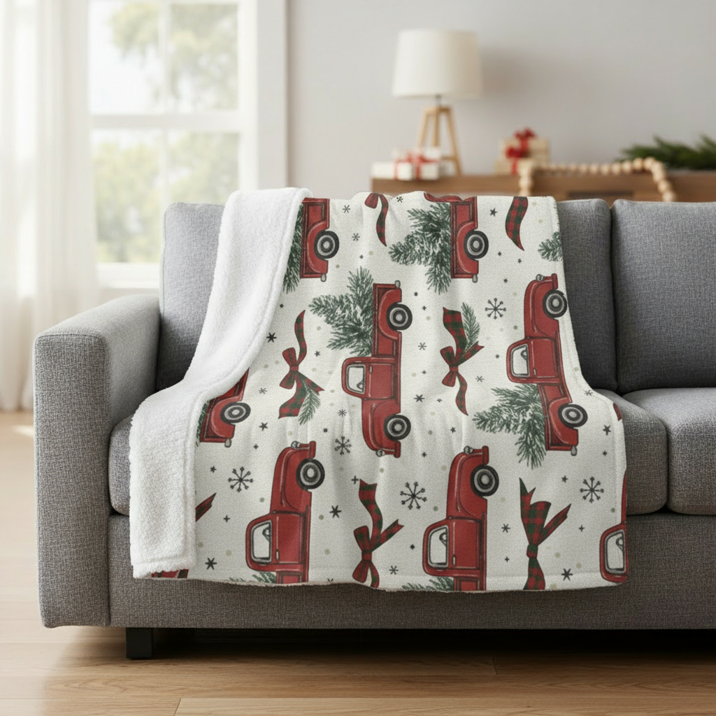 Vintage Red Truck Christmas Sherpa Blanket - Farmhouse Holiday Throw