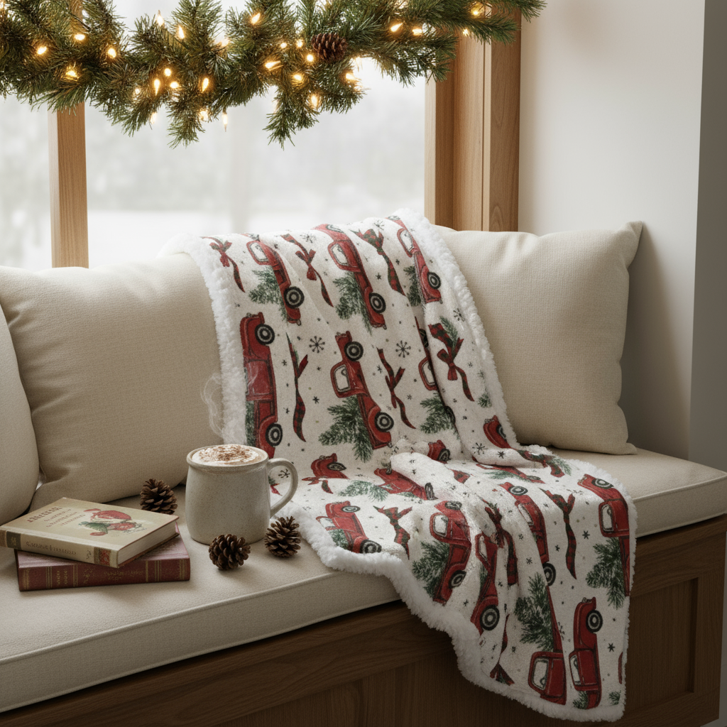 Vintage Red Truck Christmas Sherpa Blanket - Farmhouse Holiday Throw