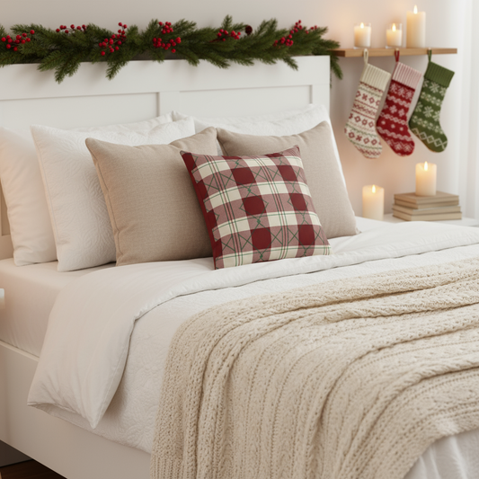Classic plaid pillow on couch, farmhouse decorative throw for rustic living room
