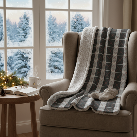 Modern plaid sherpa blanket on furniture, stylish fleece throw for cozy living room
